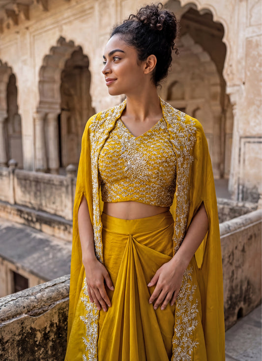Yellow Chinon Drape Skirt Set With Cape