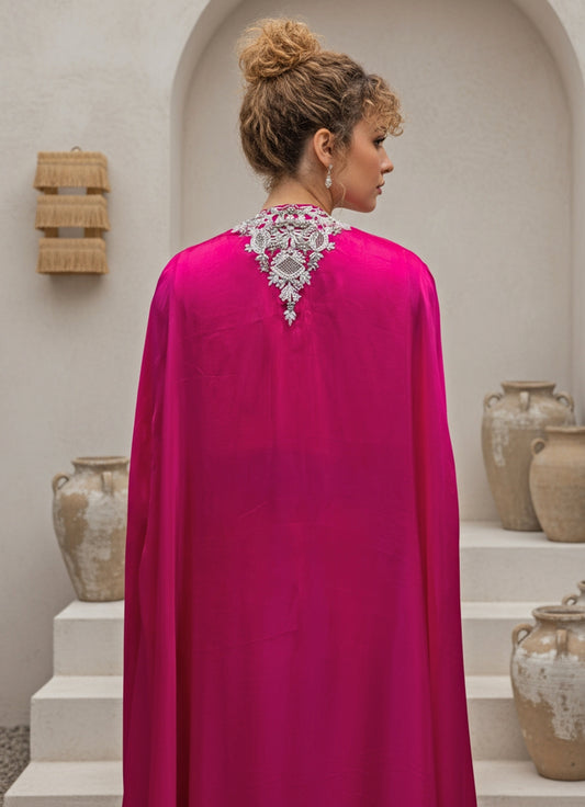 Hot Pink Chinon Cowl Skirt Set With Cape