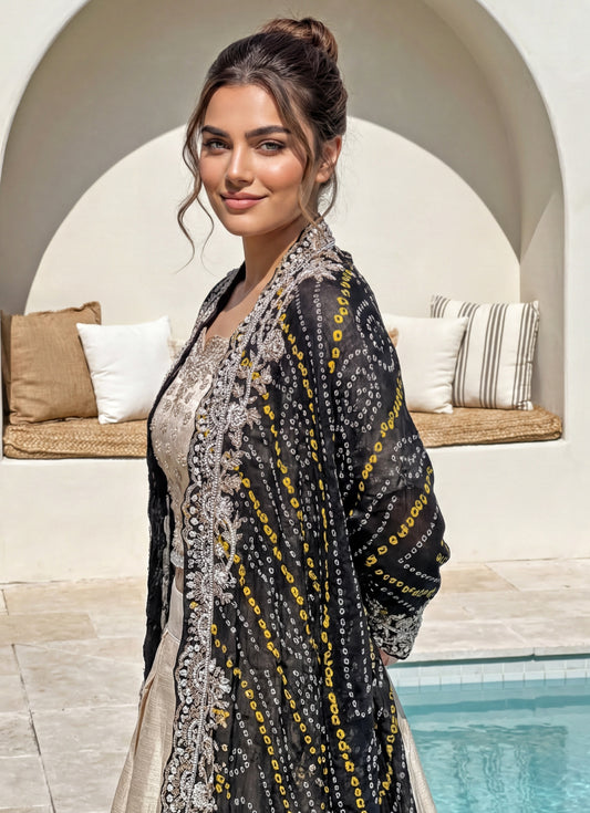 Ivory Chinon Cowl Skirt Set With Black Bandhani Cape