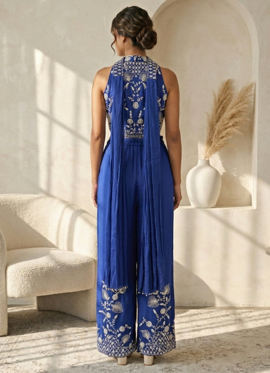 Blue Chinon Blouse Palazzo Set