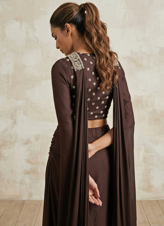 Black Tissue Chinon Cowl Skirt Set