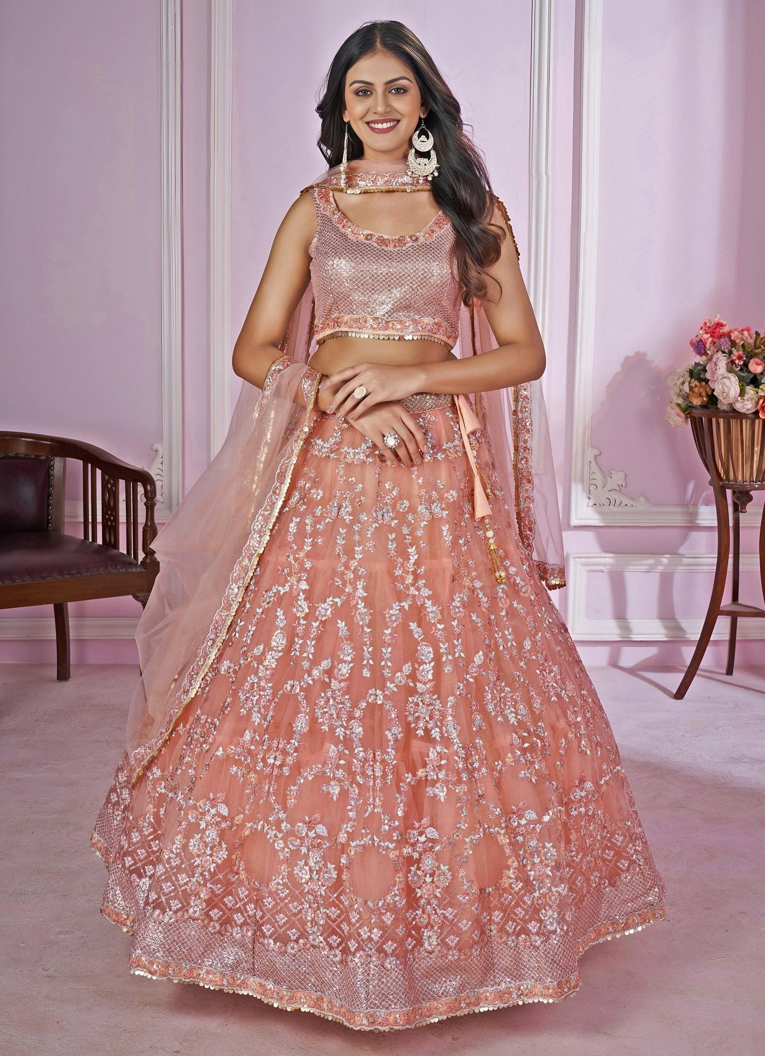 Peach Pink Embroidered Soft Net Lehenga Set