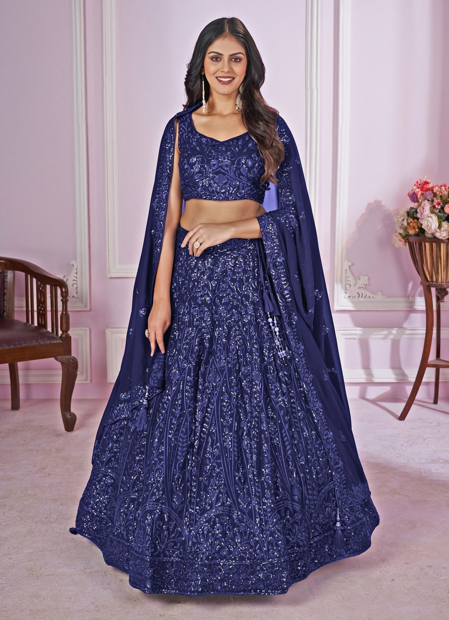 Electric Blue Sequins Georgette Lehenga Set