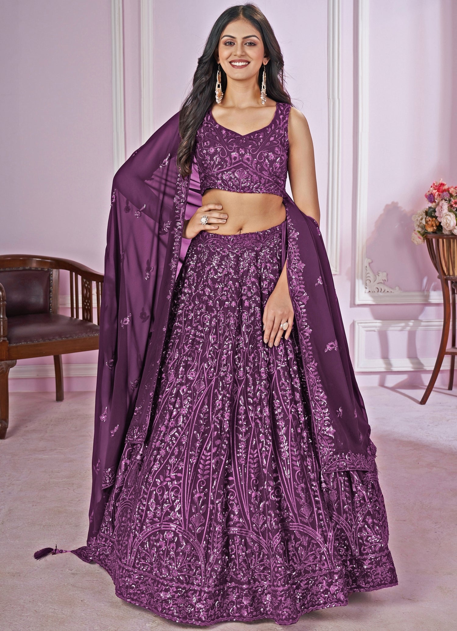 Purple Sequins Georgette Lehenga Set