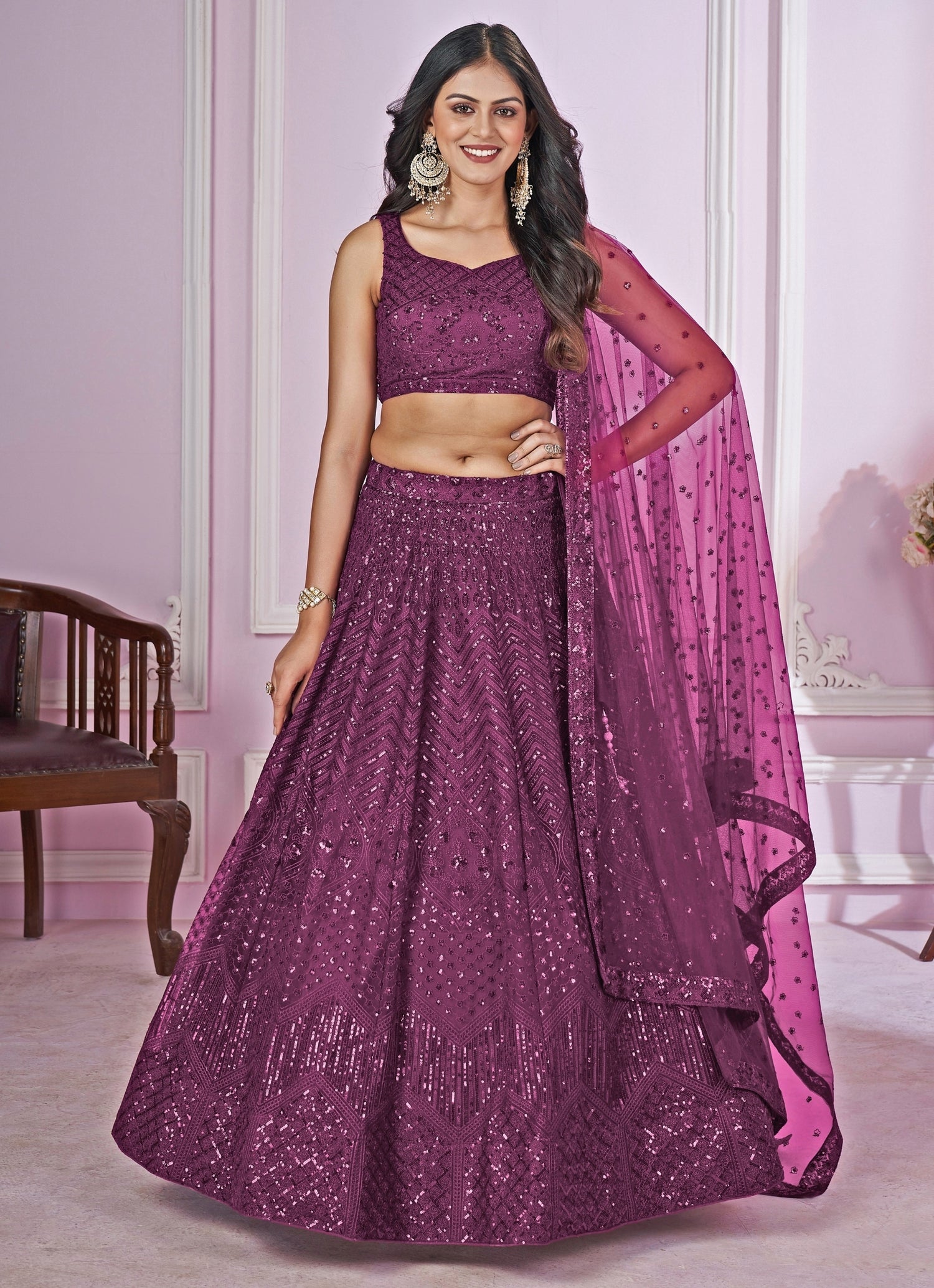 Plum Purple Embroidered Soft Net Lehenga Set