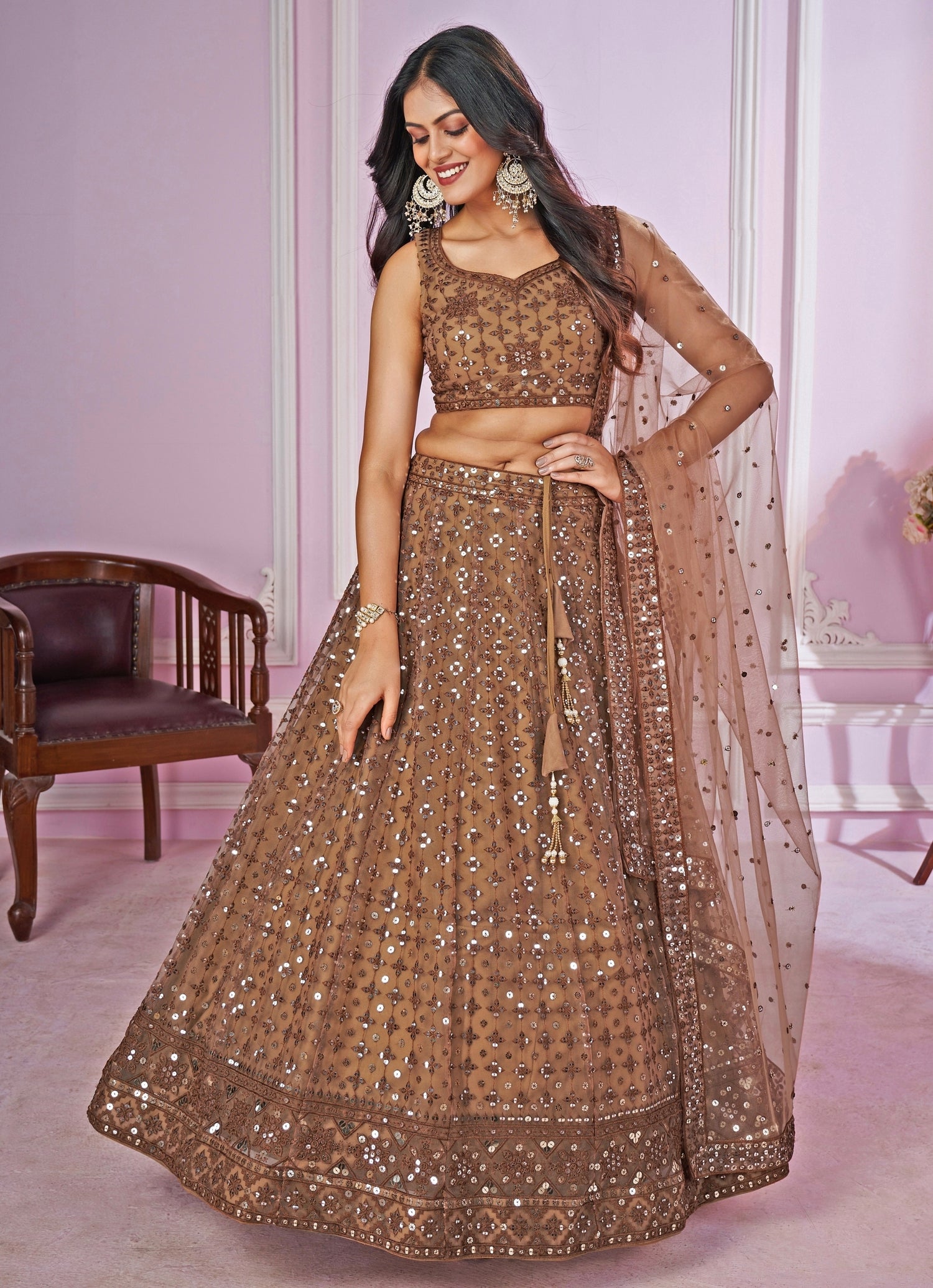 Brown Embroidered Soft Net Lehenga Set