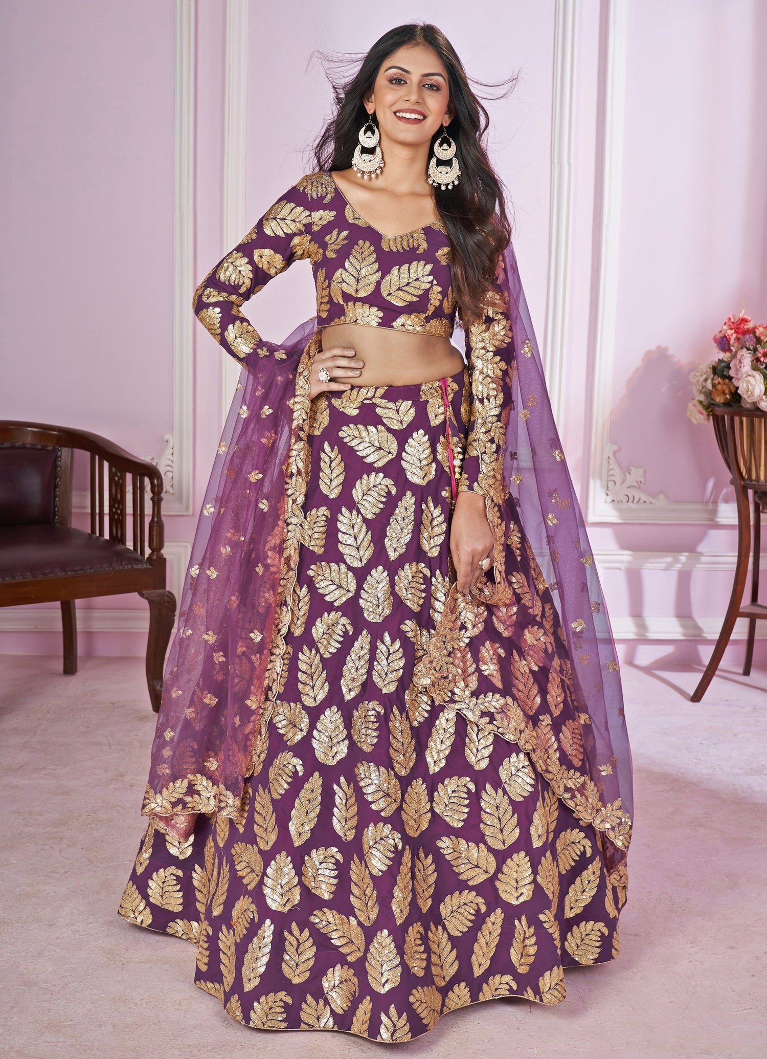 Purple Georgette Zari Lehenga Set