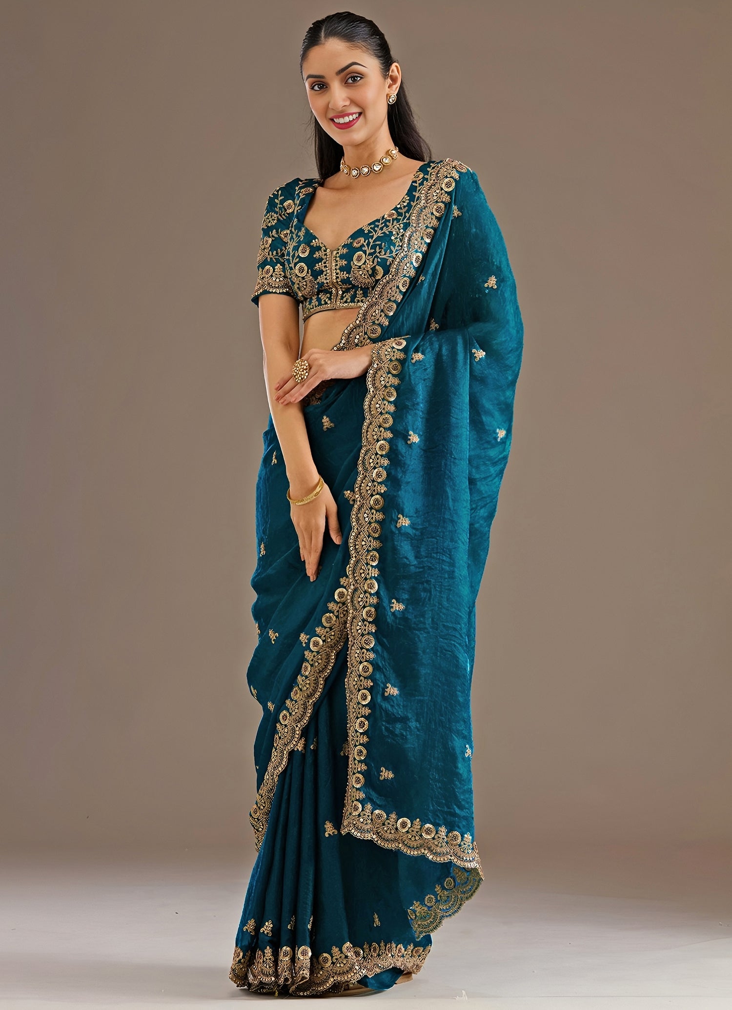 Teal Blue Embroidered Tissue Saree