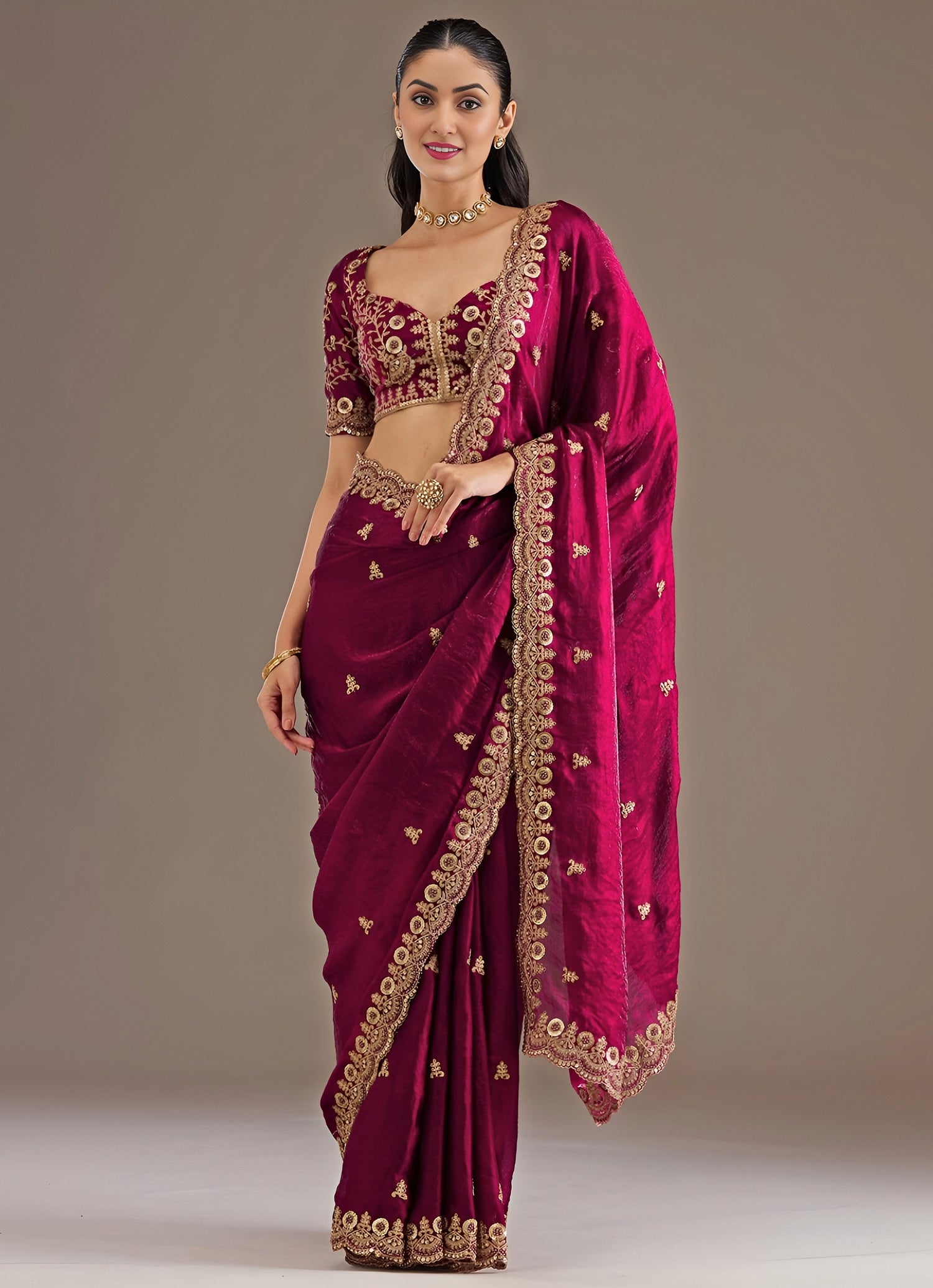 Maroon Red Embroidered Tissue Saree