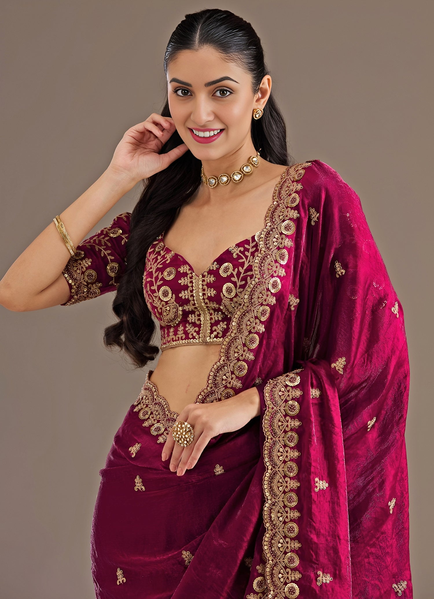Maroon Red Embroidered Tissue Saree