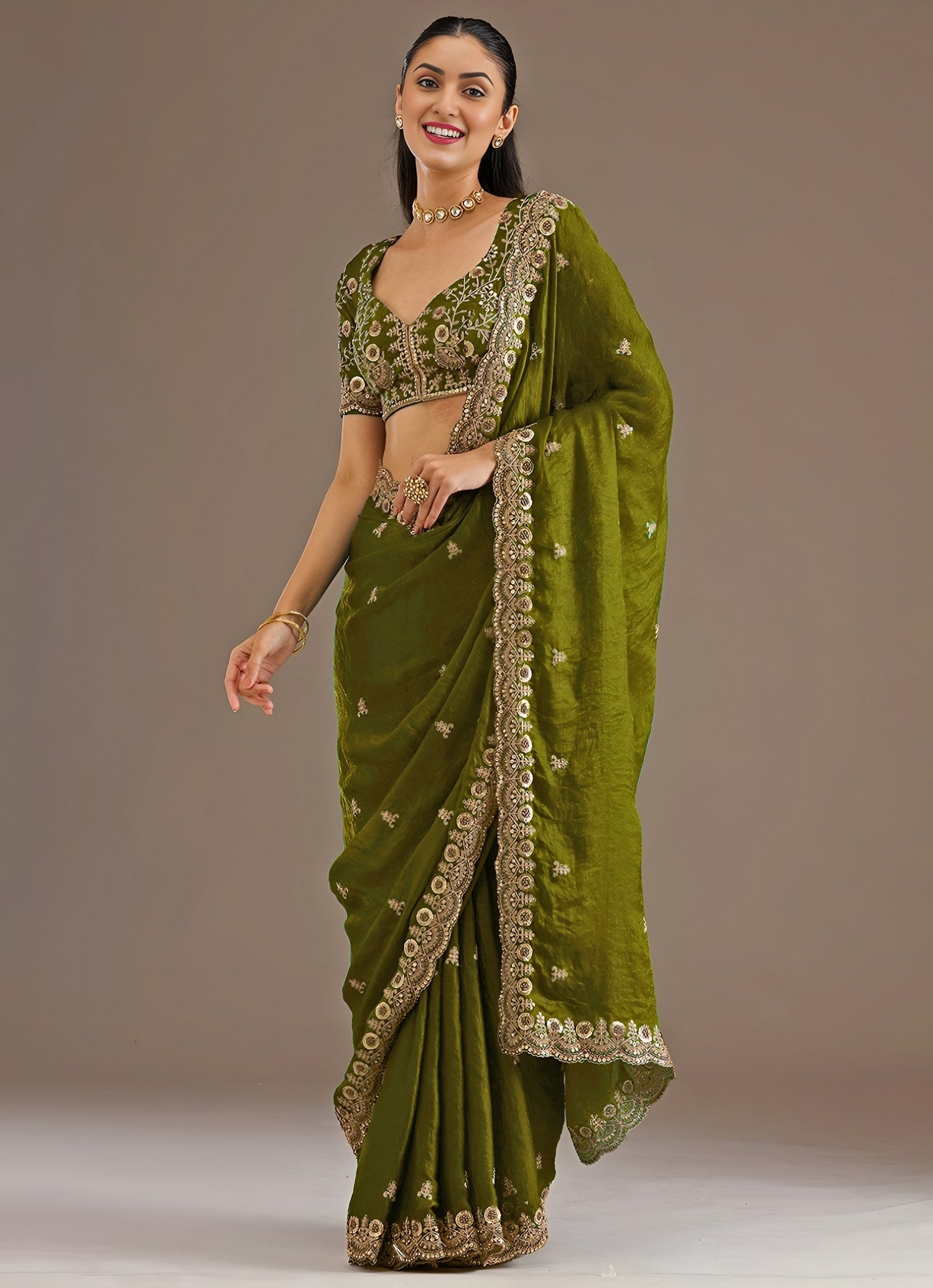 Olive Green Embroidered Tissue Saree