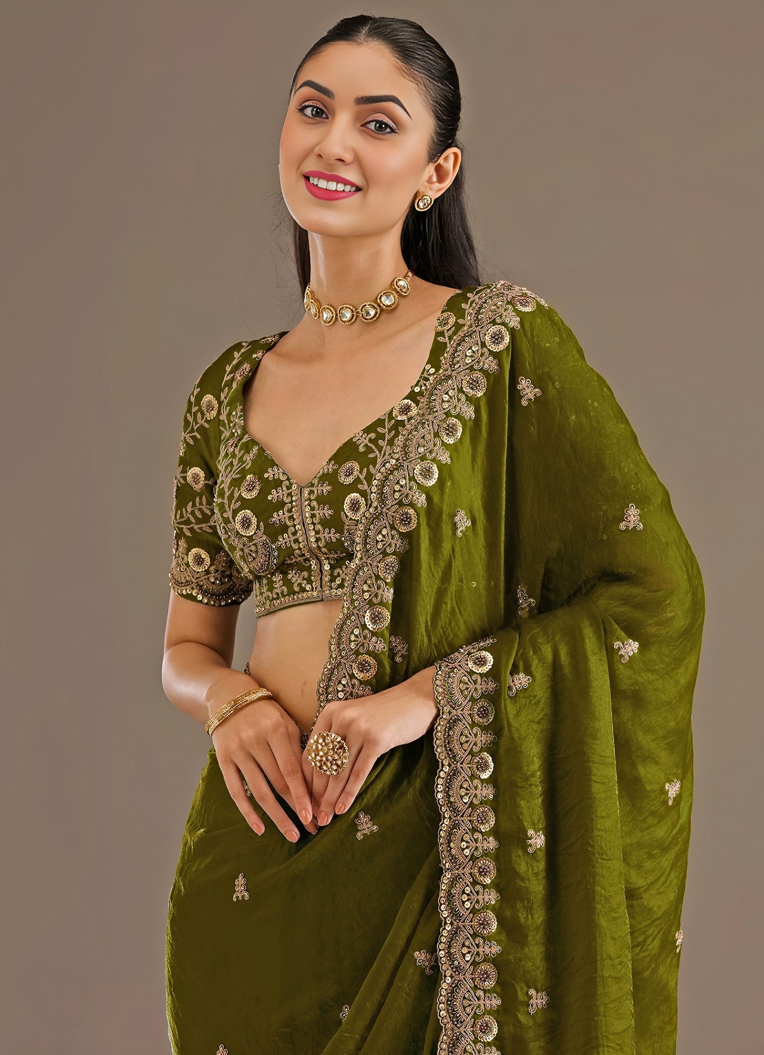 Olive Green Embroidered Tissue Saree