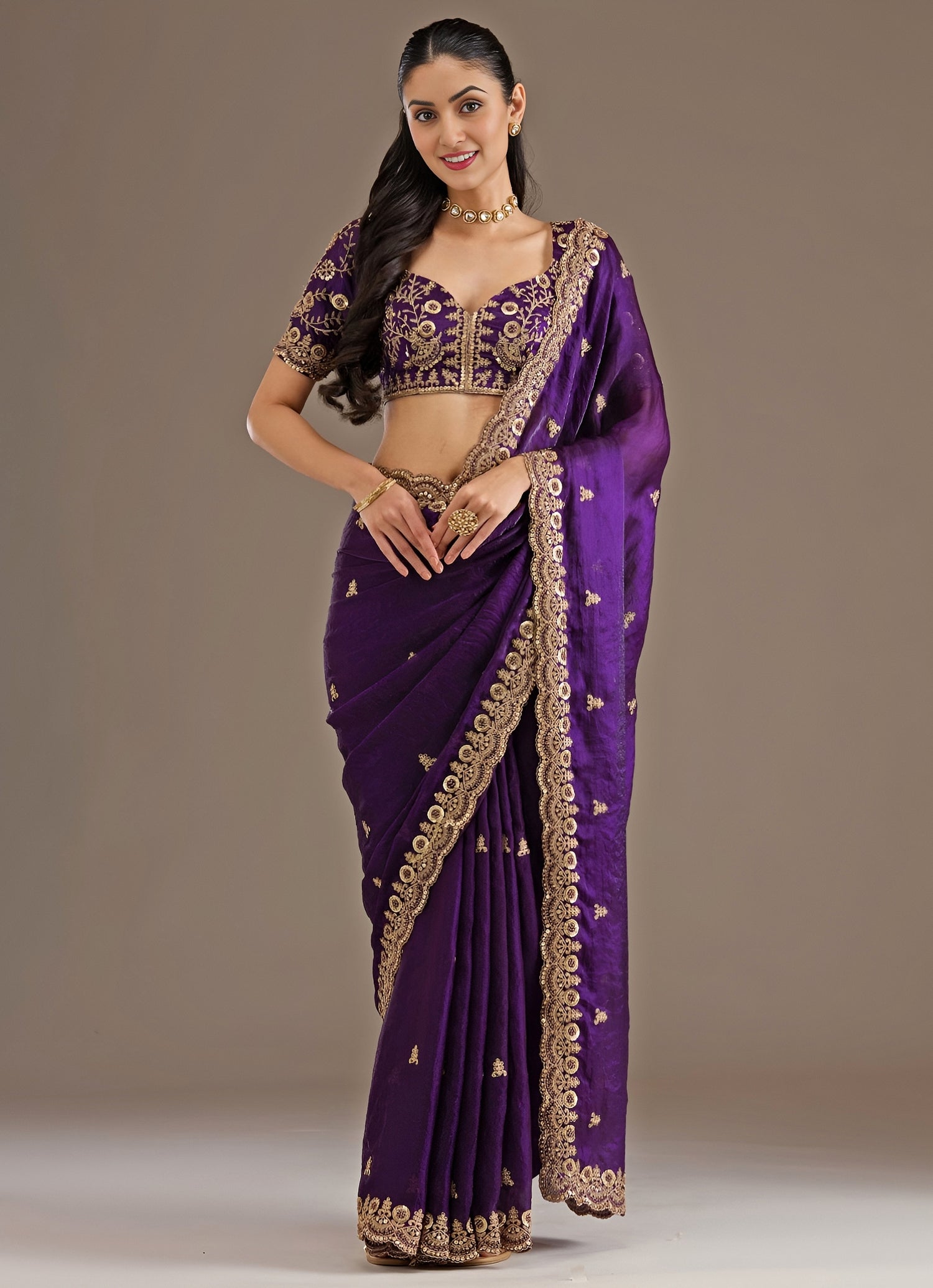 Purple Embroidered Tissue Saree