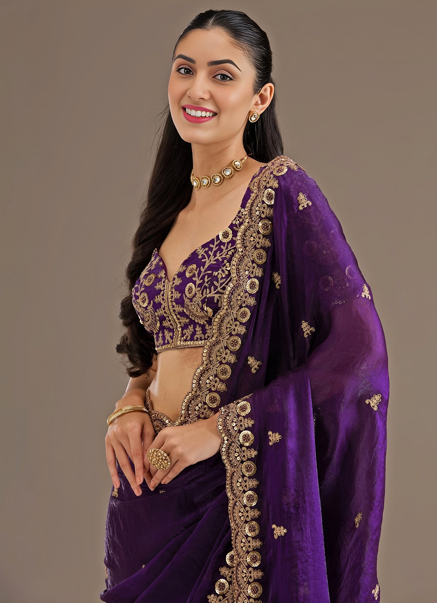 Purple Embroidered Tissue Saree