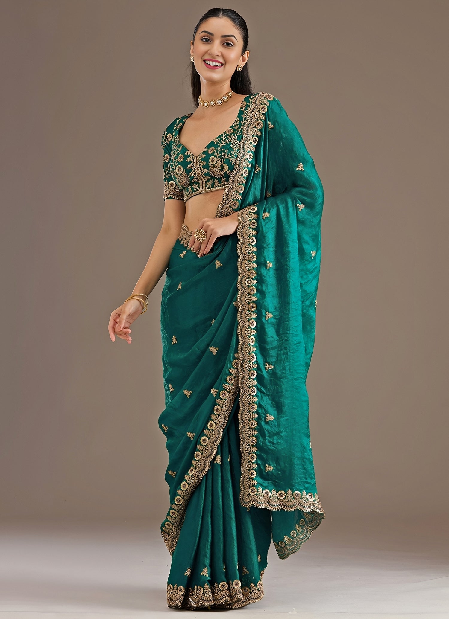 Rama Green Embroidered Tissue Saree