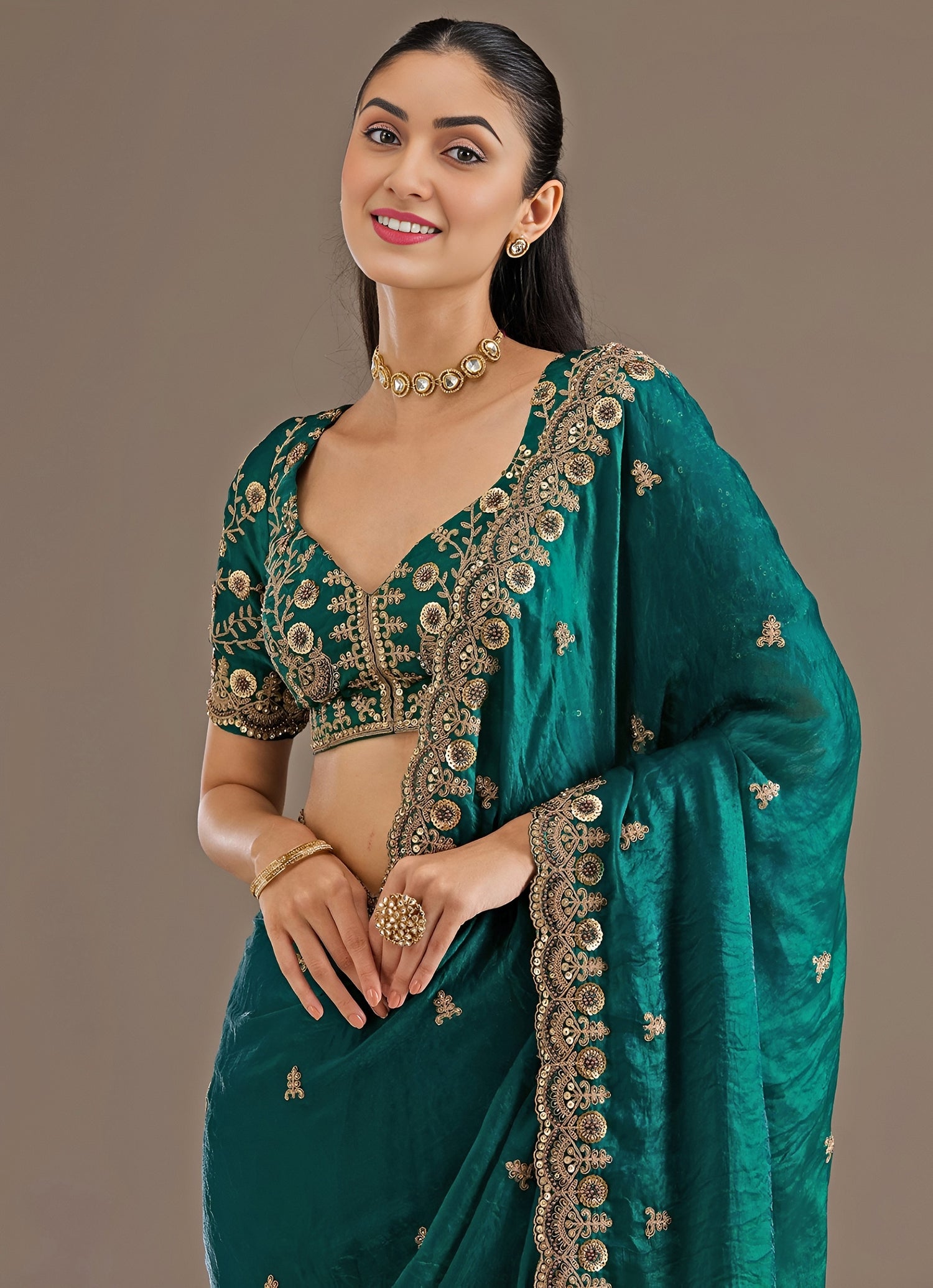 Rama Green Embroidered Tissue Saree
