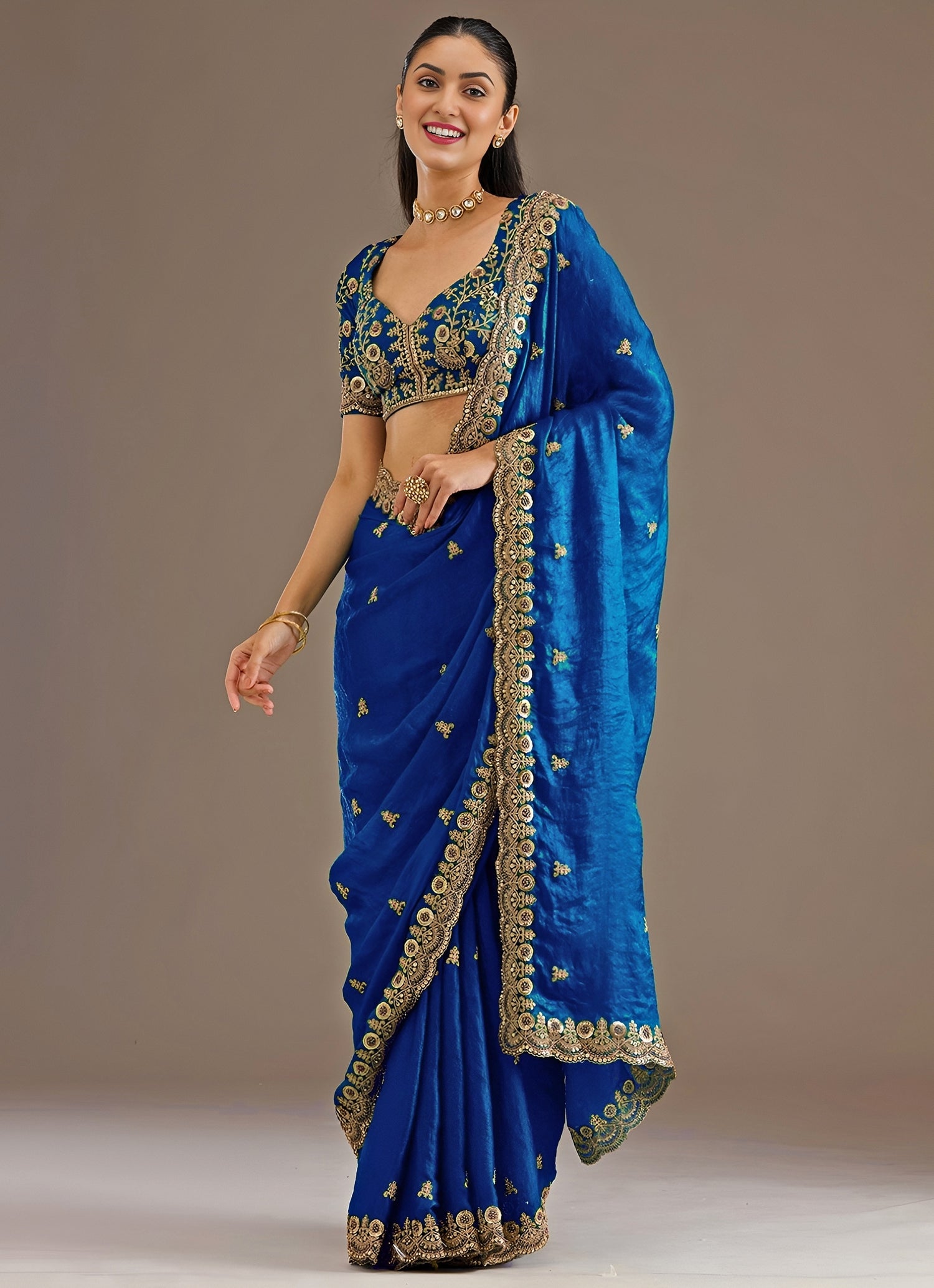 Electric Blue Embroidered Tissue Saree