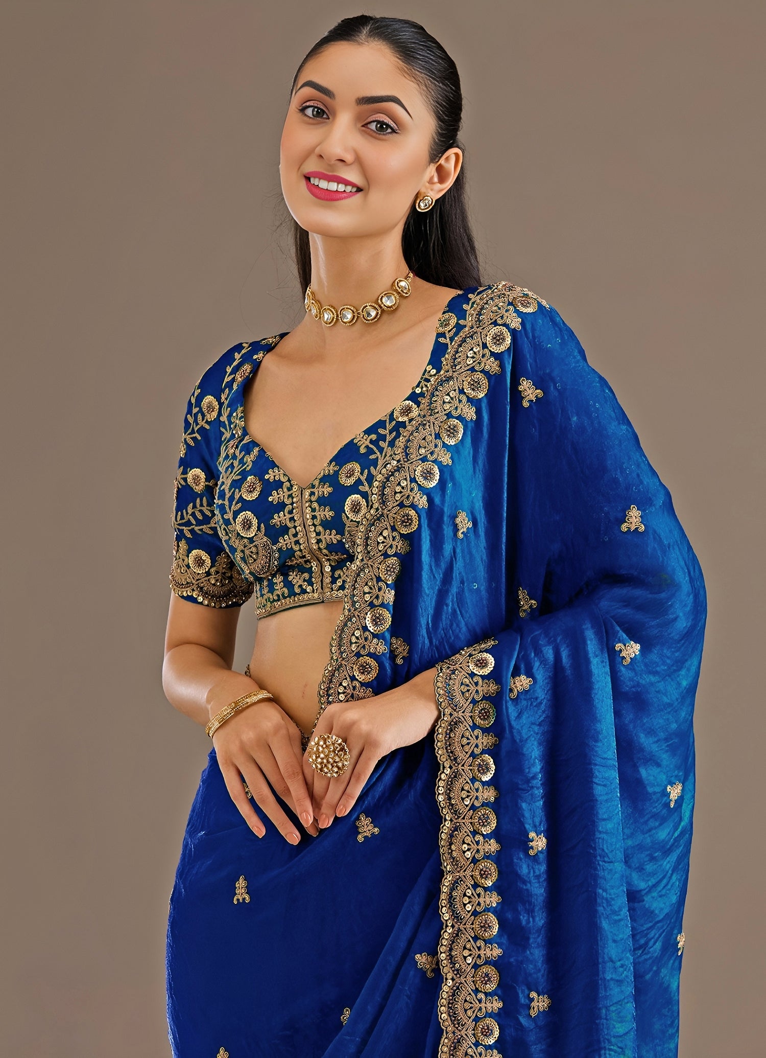 Electric Blue Embroidered Tissue Saree