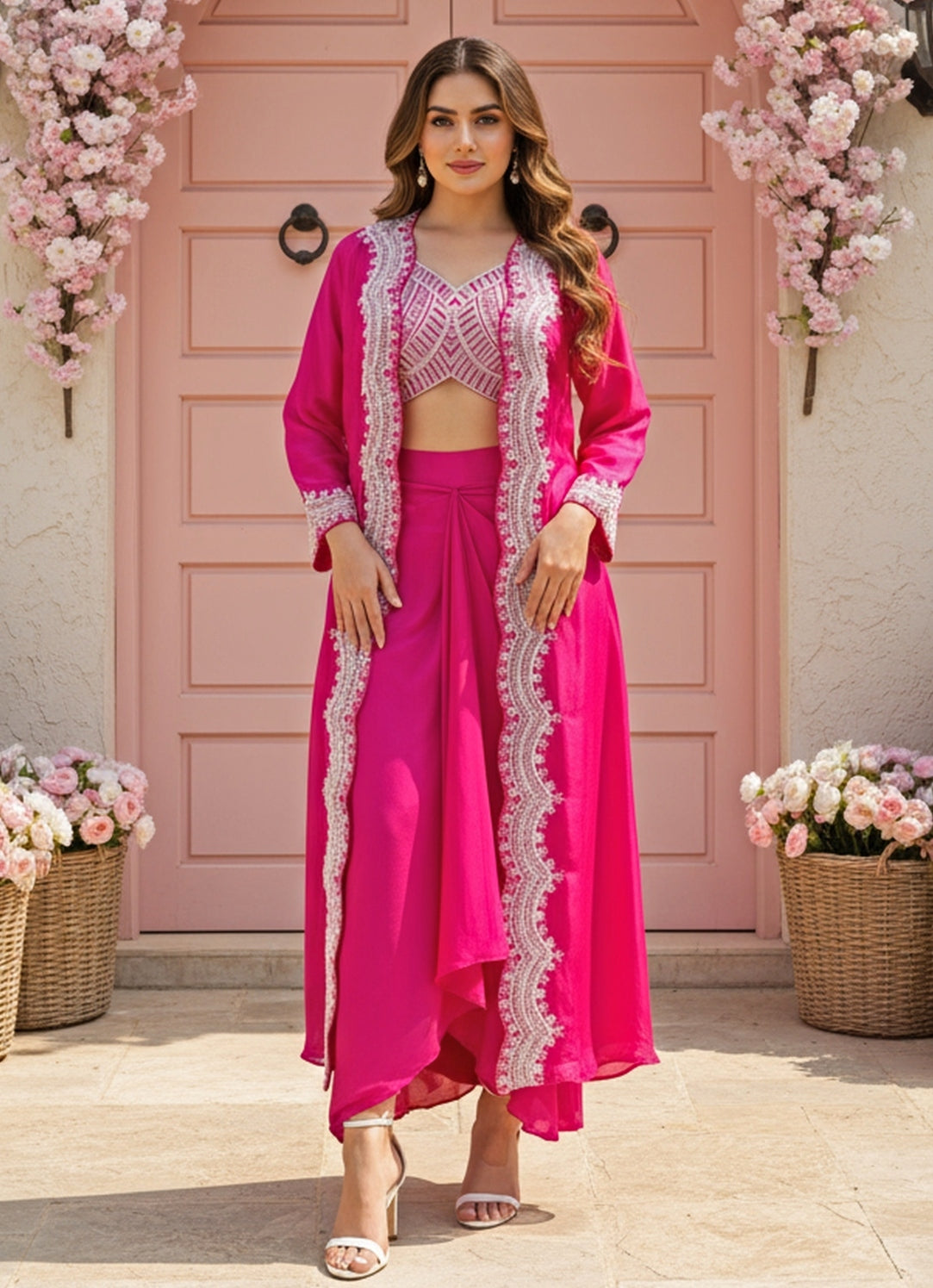 Hot Pink Chinon Drape Skirt Set With Cape