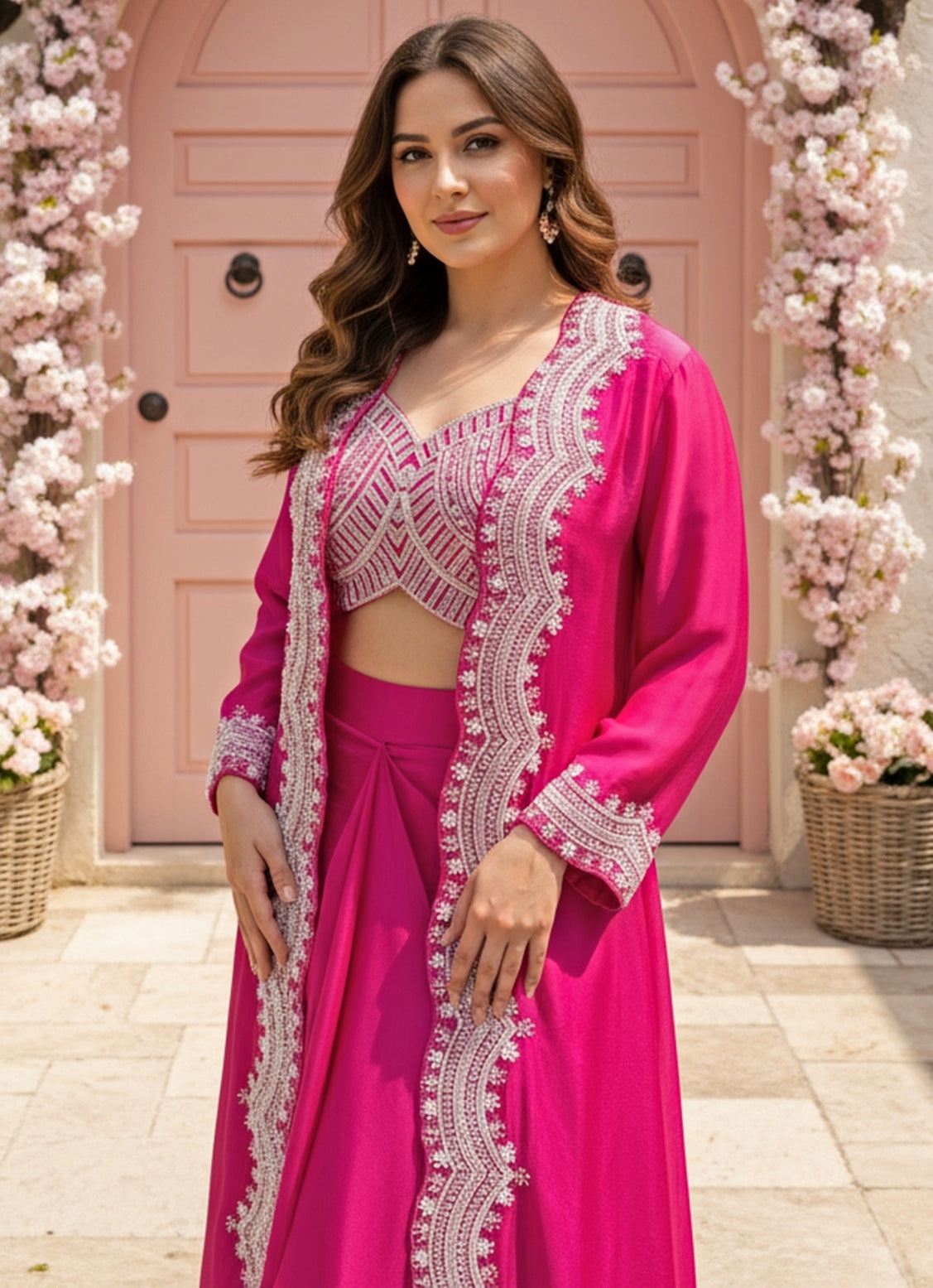 Hot Pink Chinon Drape Skirt Set With Cape