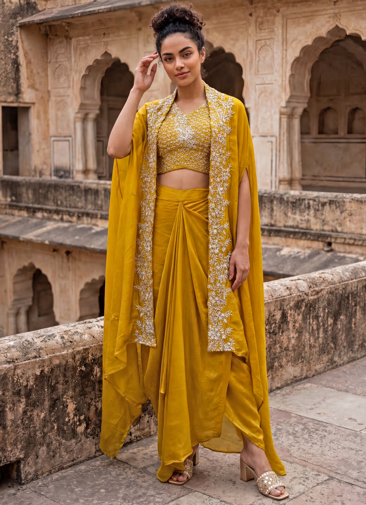 Yellow Chinon Drape Skirt Set With Cape