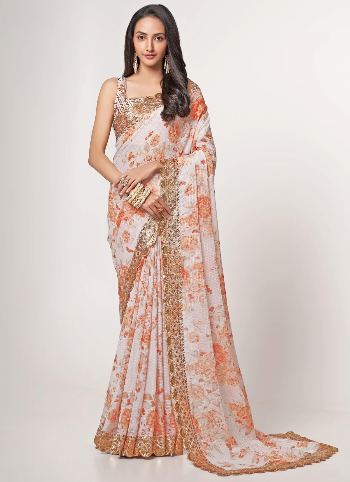 Ivory Floral Printed Organza Saree