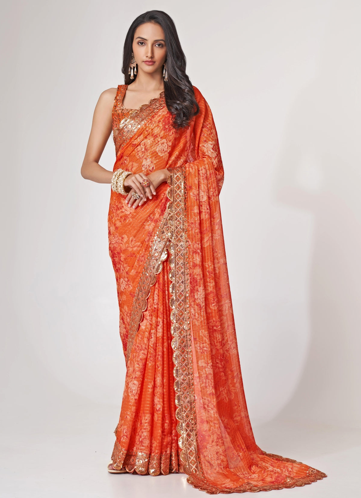 Orange Floral Printed Organza Saree