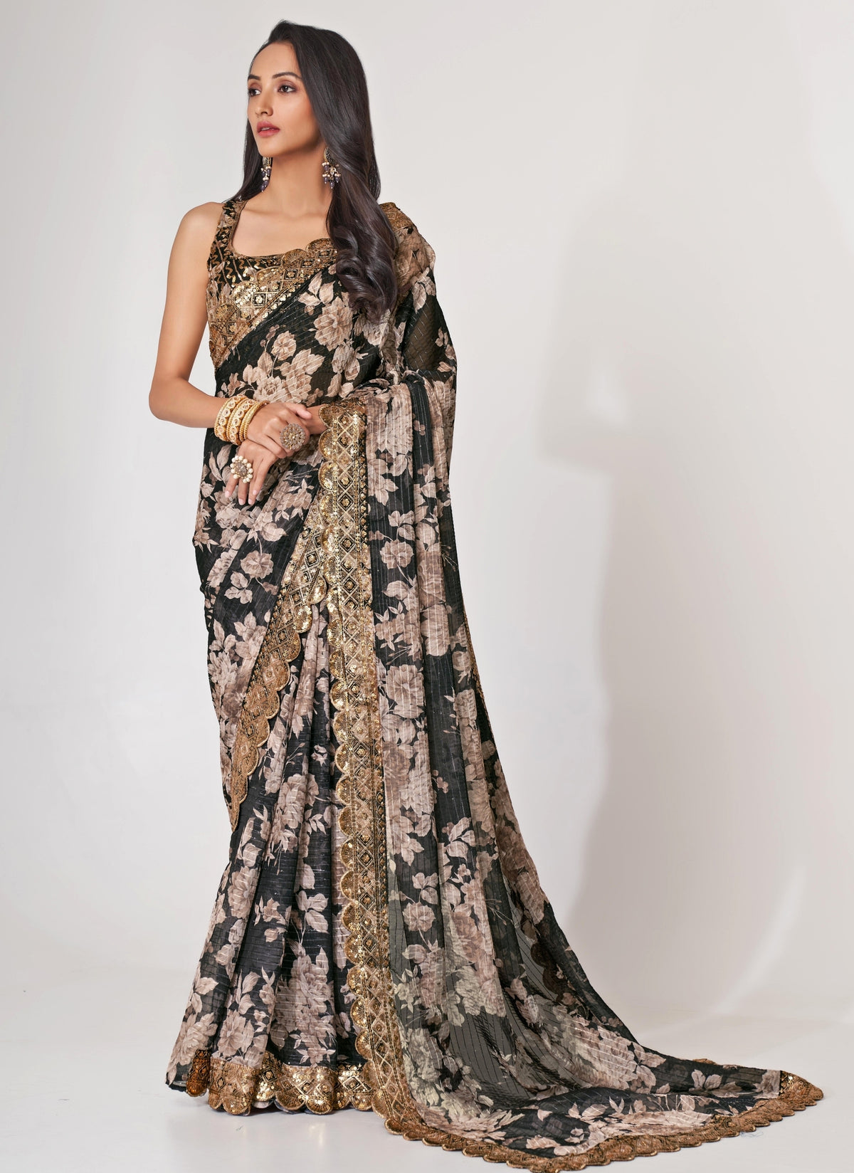 Black Floral Printed Organza Saree