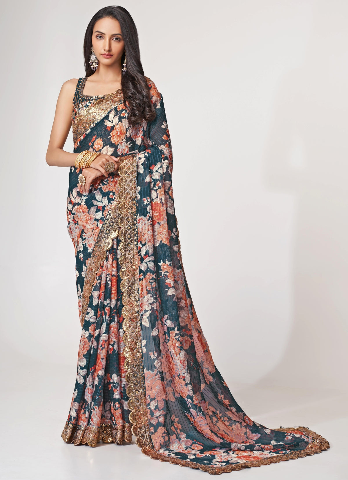 Blue Floral Printed Organza Saree