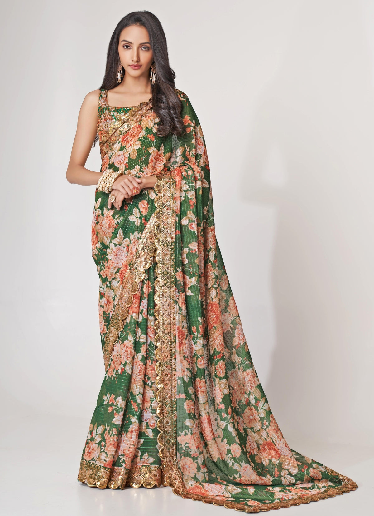Green Floral Printed Organza Saree