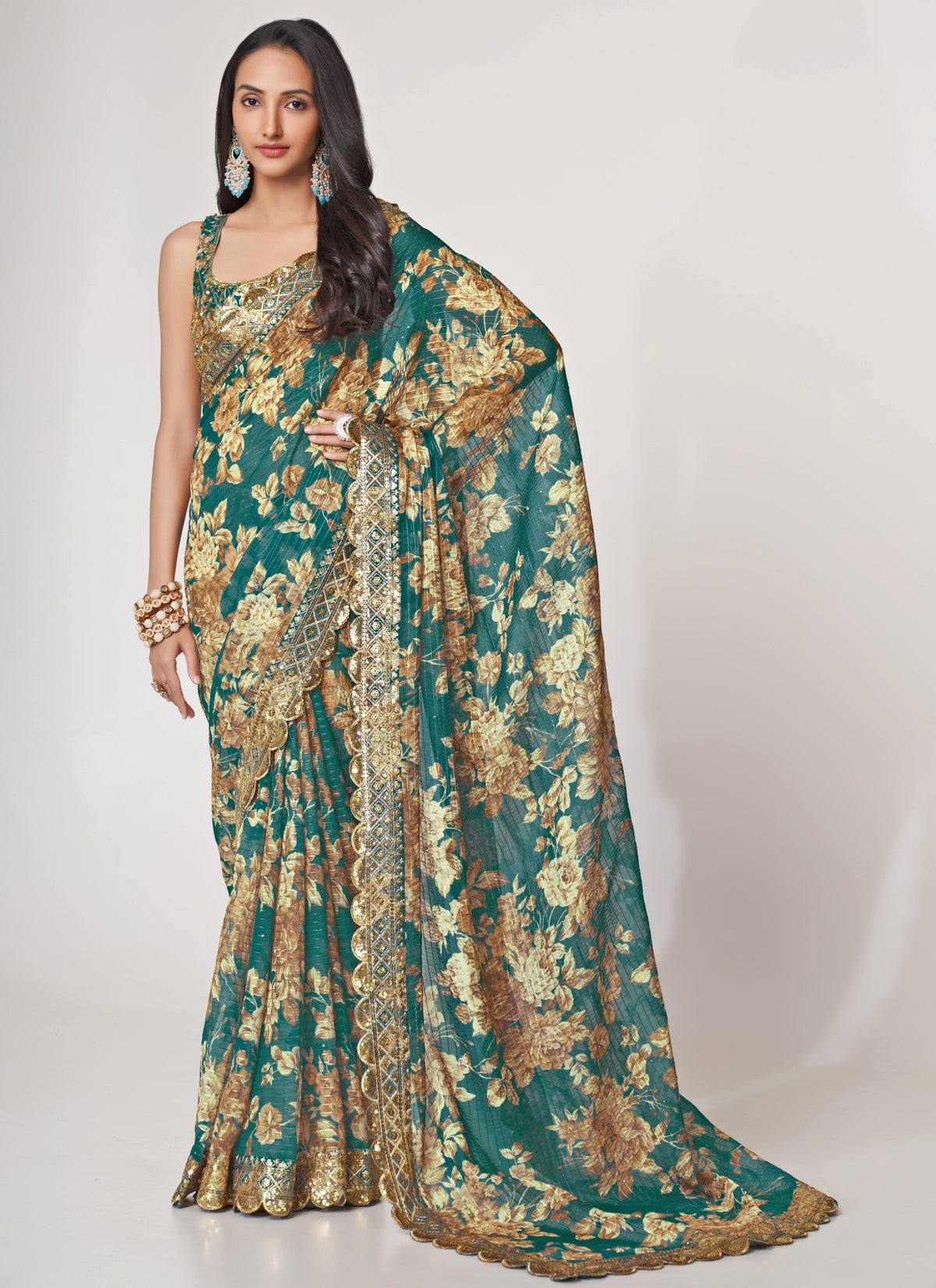 Rama Green Floral Printed Organza Saree