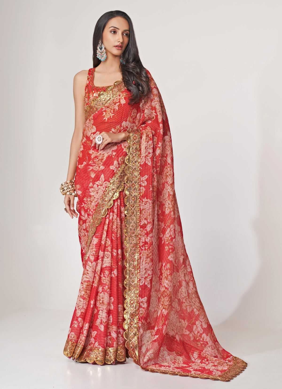 Red Floral Printed Organza Saree