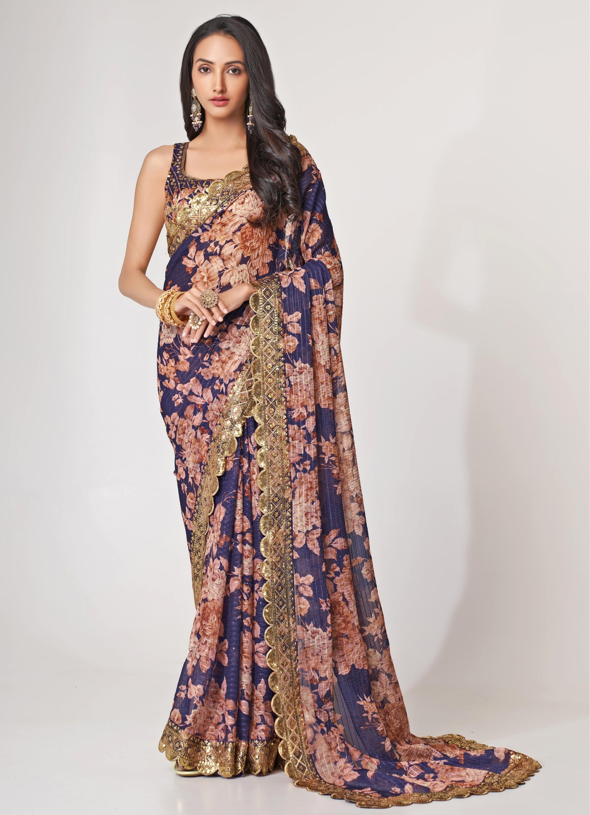 Purple Floral Printed Organza Saree