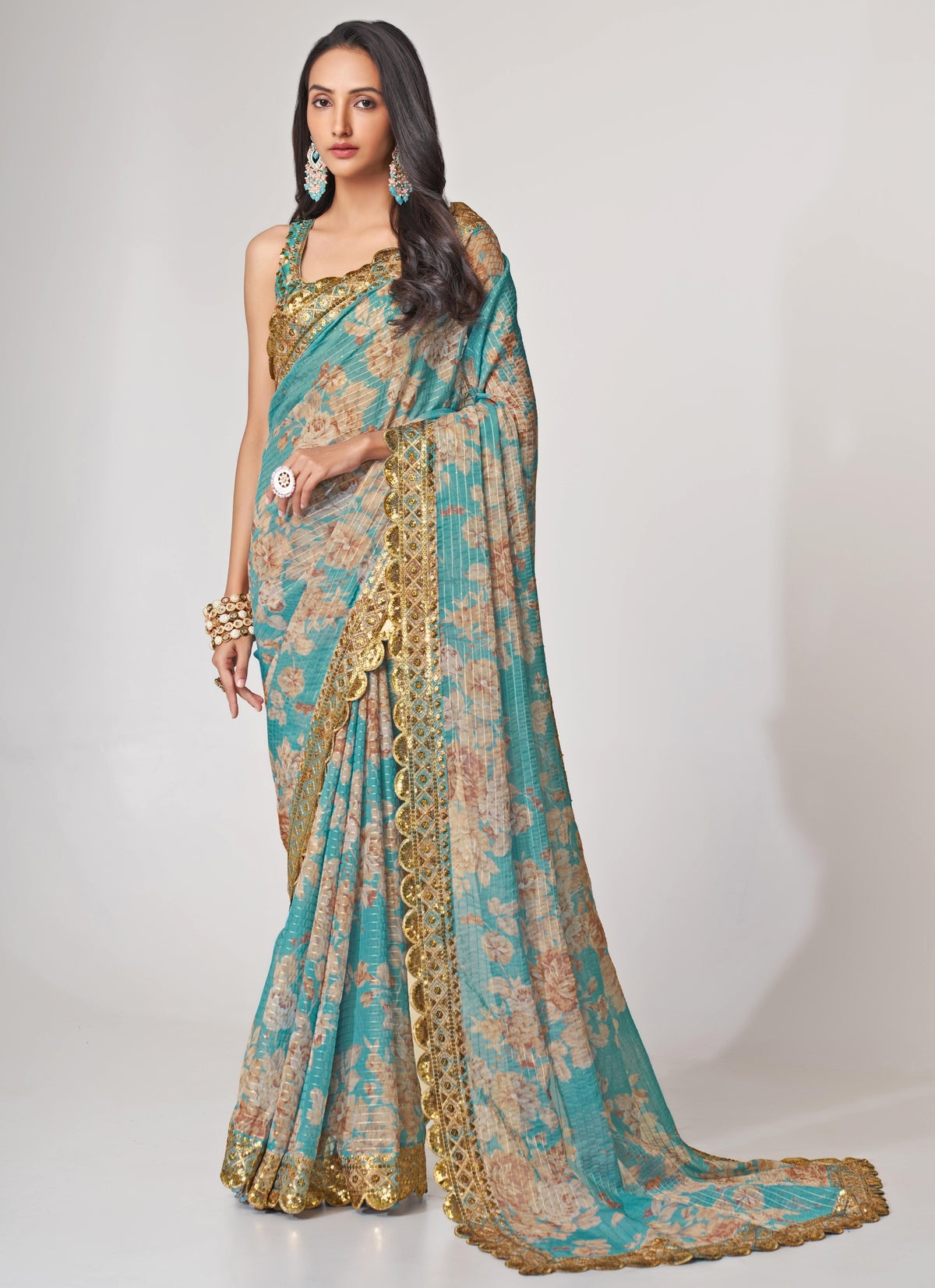 Sky Blue Floral Printed Organza Saree