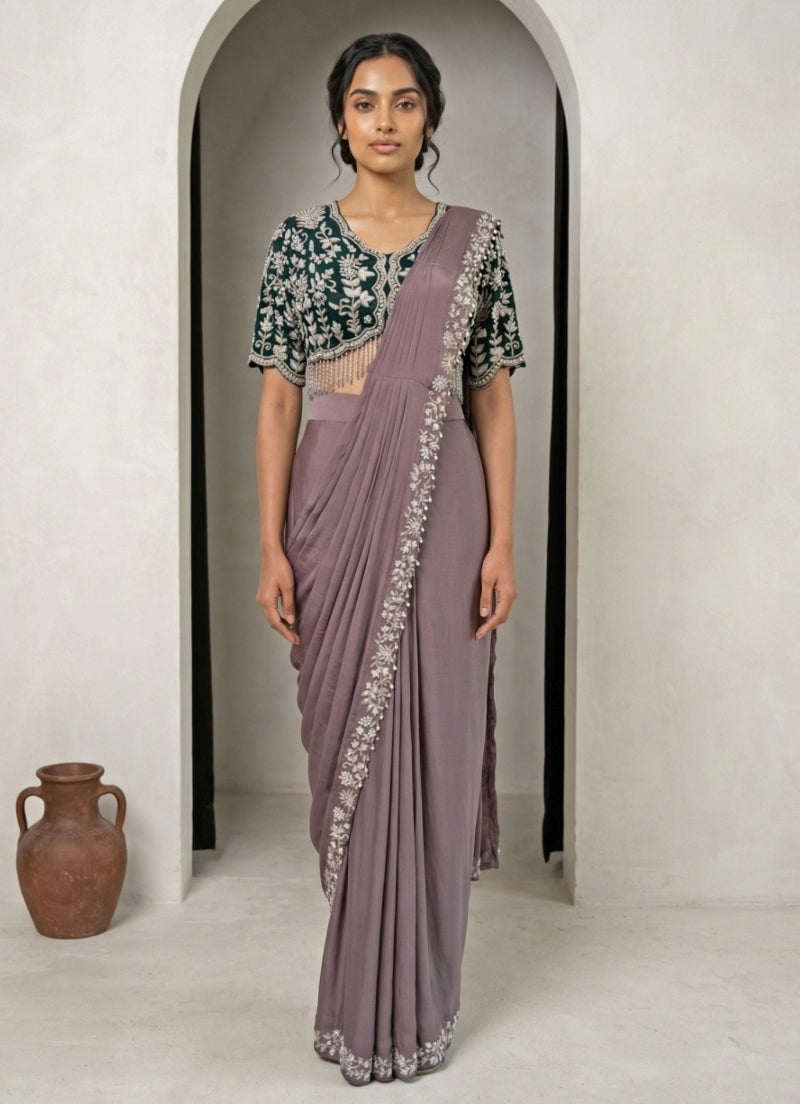 Grey And Black Chinon Pre-Draped Saree