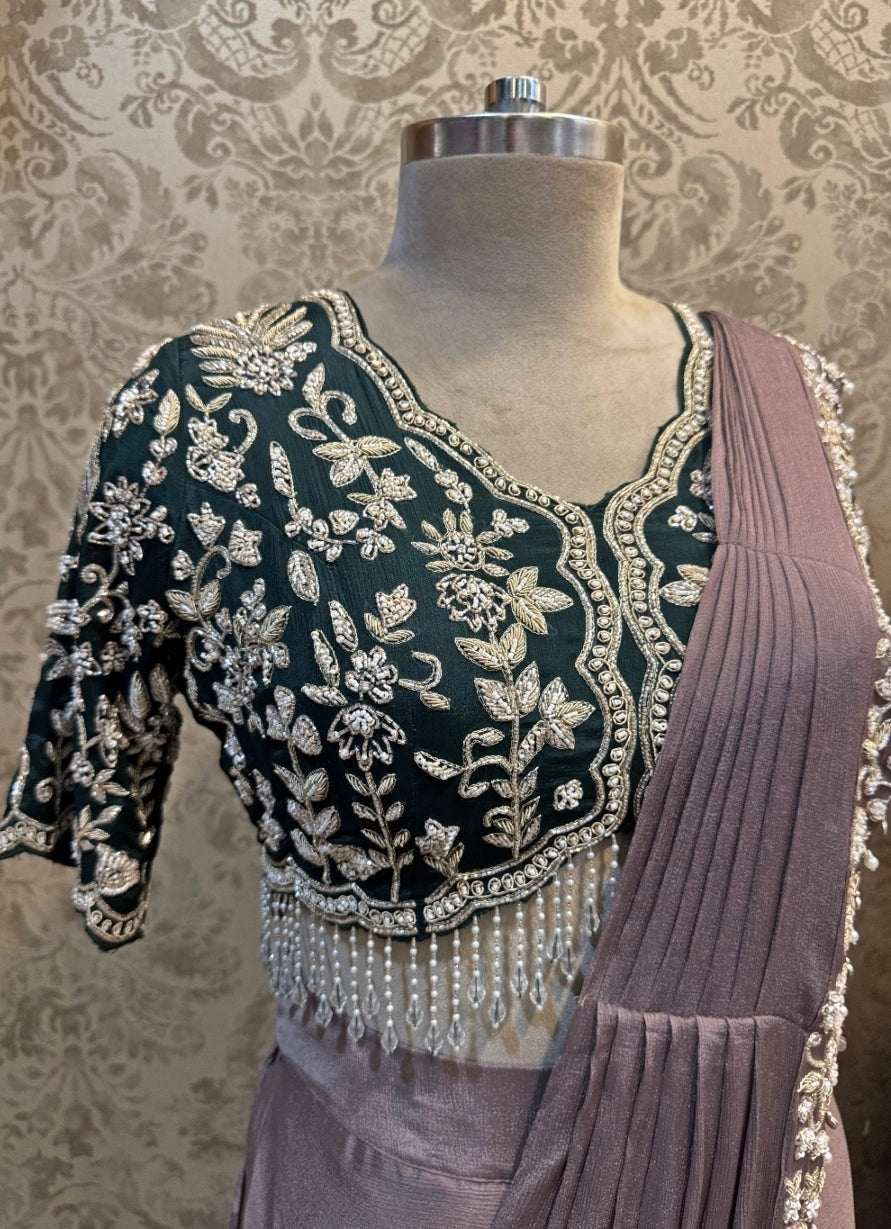 Grey And Black Chinon Pre-Draped Saree