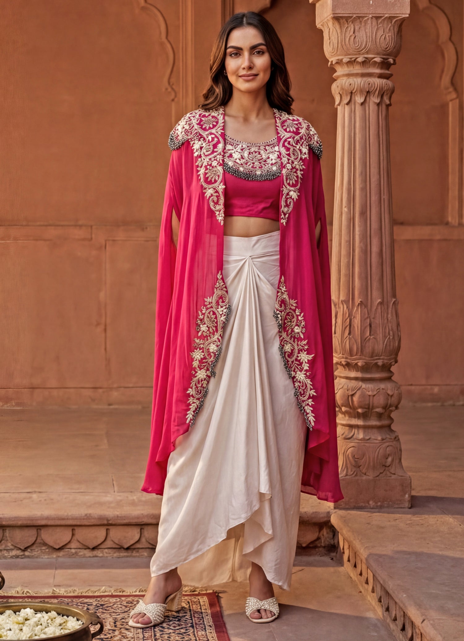 Ivory And Pink Chinon Drape Skirt Set With Cape