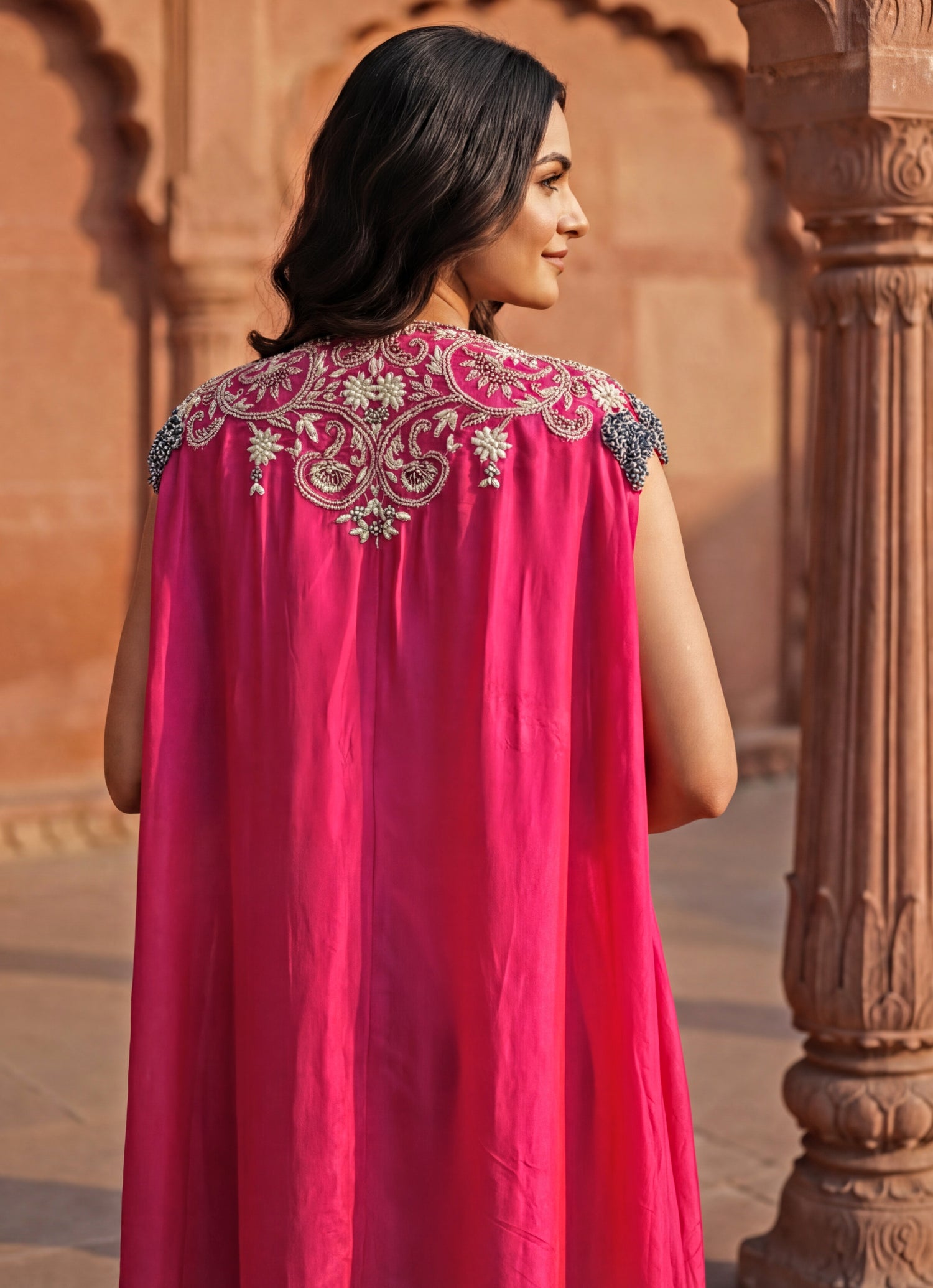 Ivory And Pink Chinon Drape Skirt Set With Cape