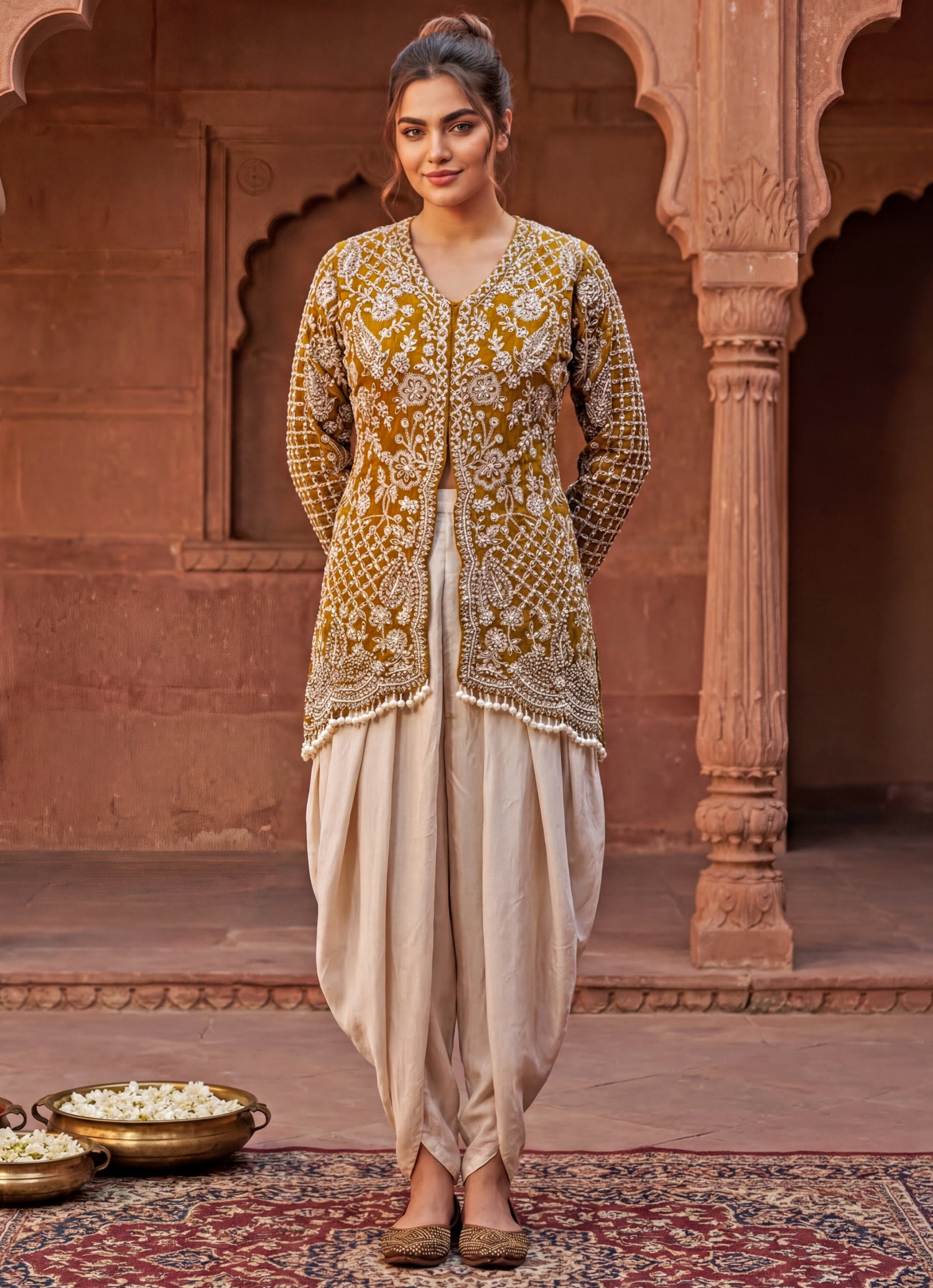 Yellow Chinon Kurta With Tulip Pants