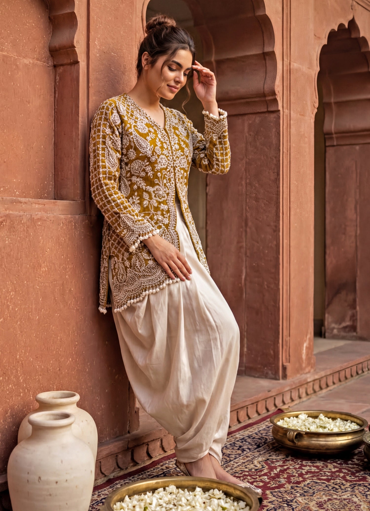 Yellow Chinon Kurta With Tulip Pants