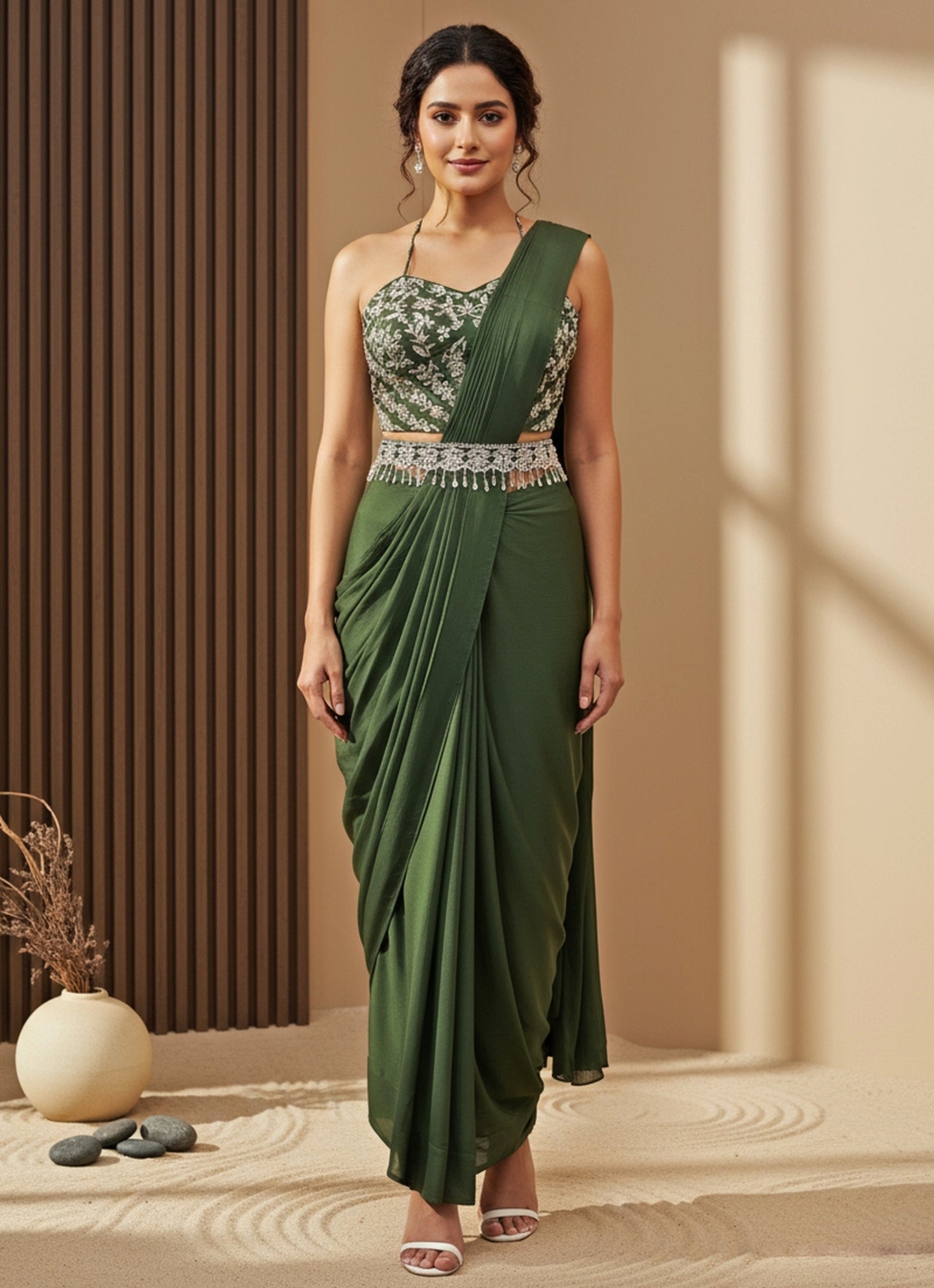 Green Chinon Pre-Draped Saree With Corset Blouse