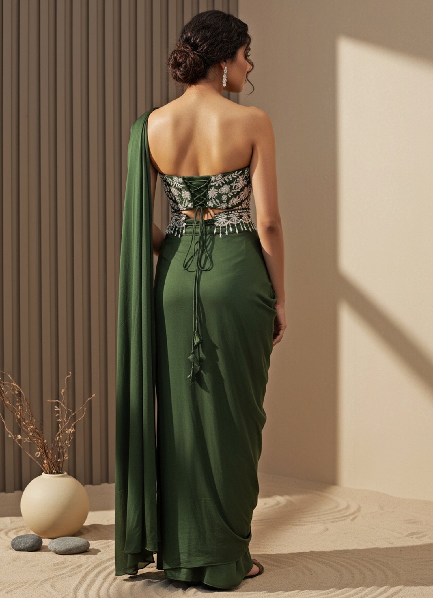 Green Chinon Pre-Draped Saree With Corset Blouse