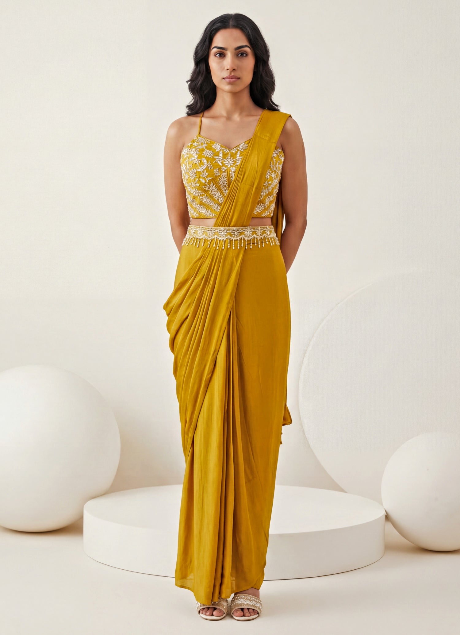 Yellow Chinon Pre-Draped Saree With Corset Blouse
