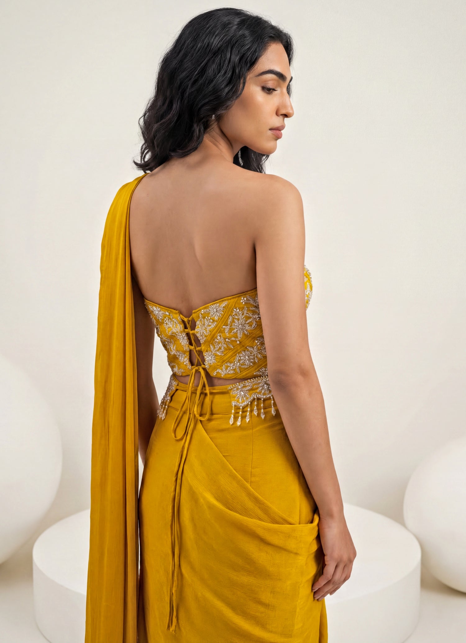 Yellow Chinon Pre-Draped Saree With Corset Blouse