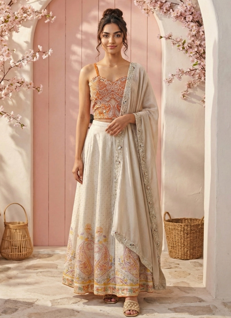 Ivory And Orange Tissue Lehenga Set
