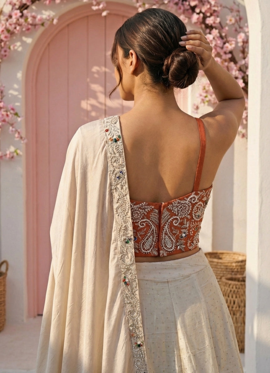 Ivory And Orange Tissue Lehenga Set