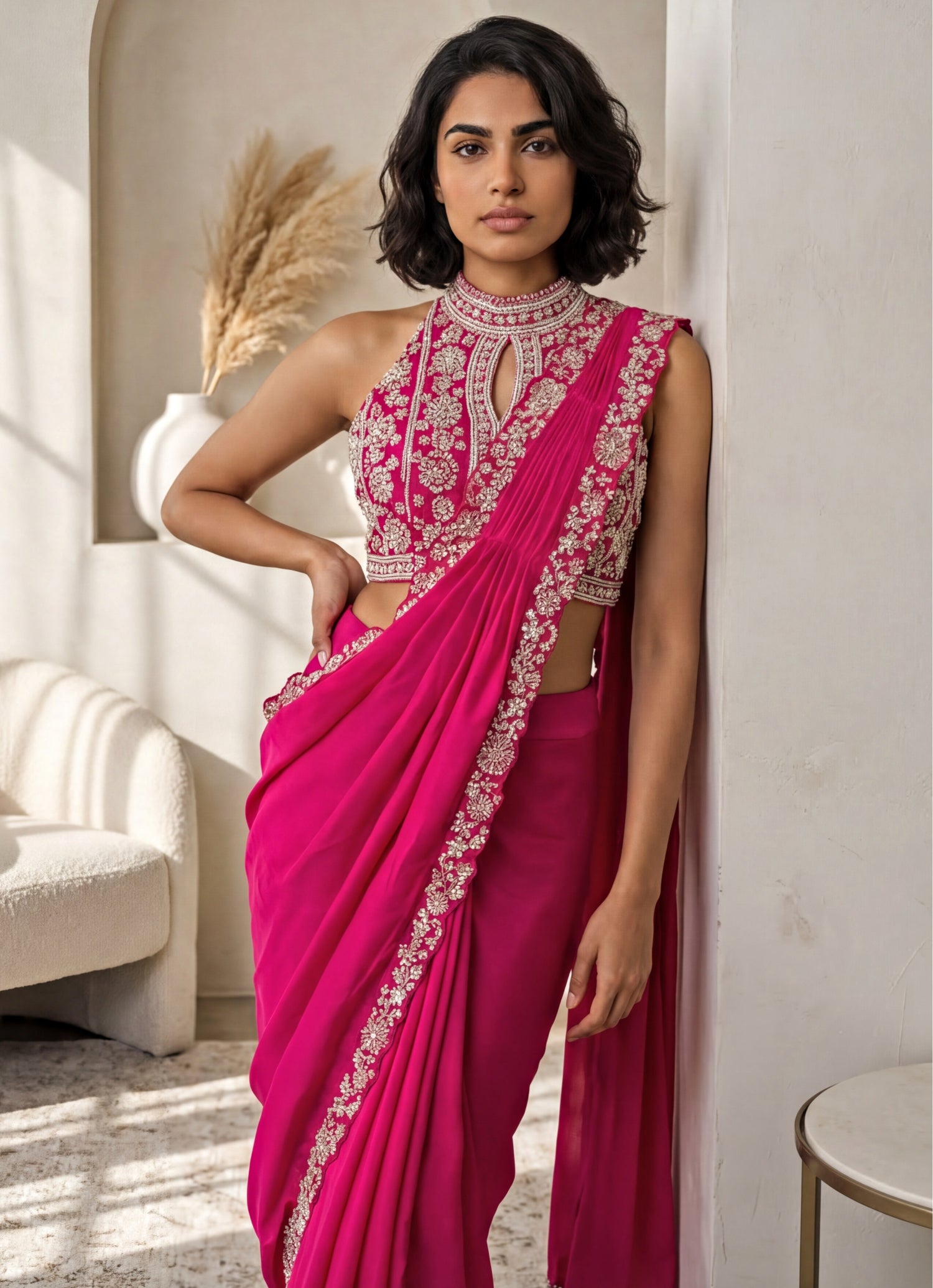 Hot Pink Chinon Pre-Draped Saree