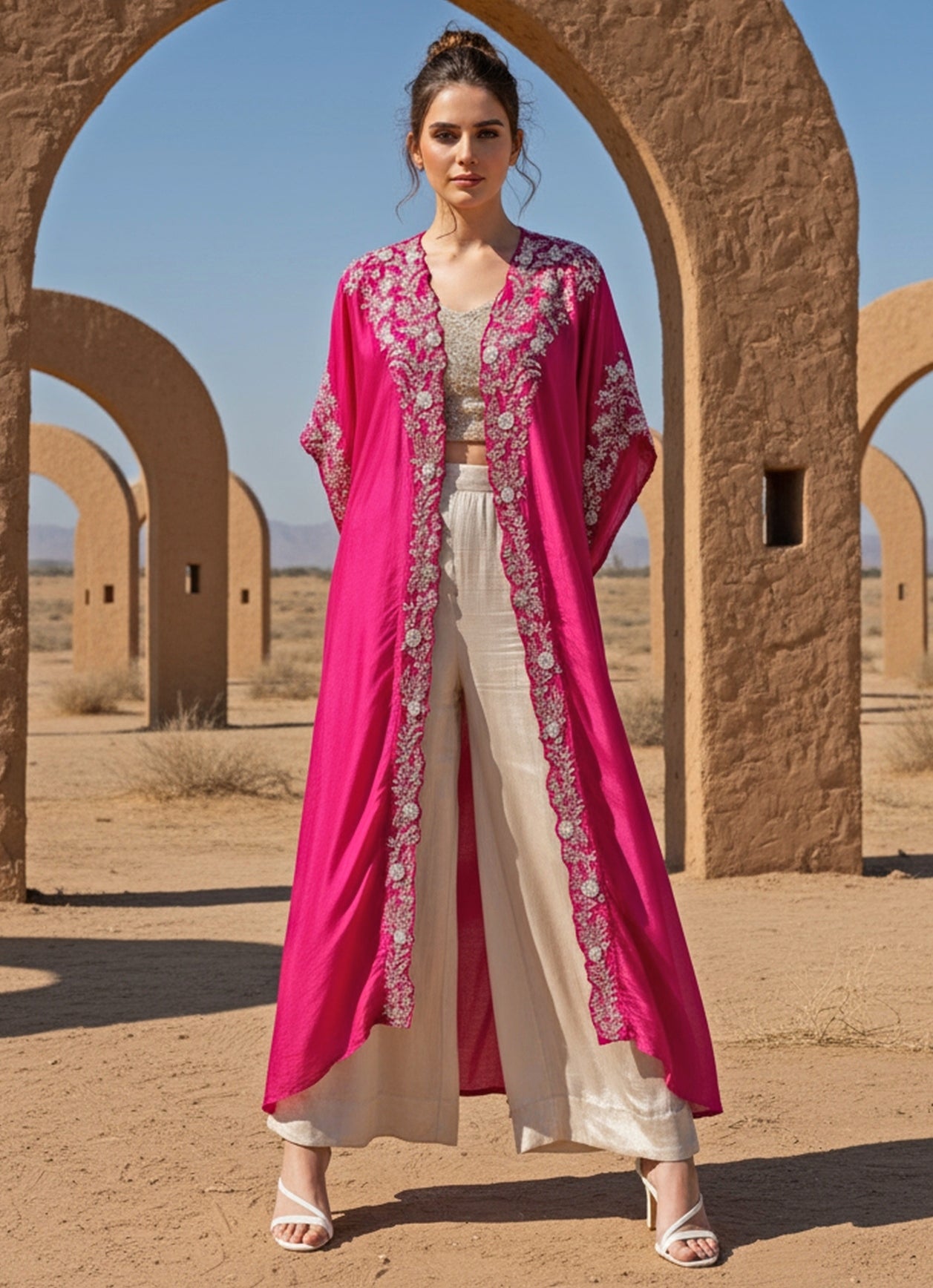 Ivory Chinon Palazzo Set With Pink Cape