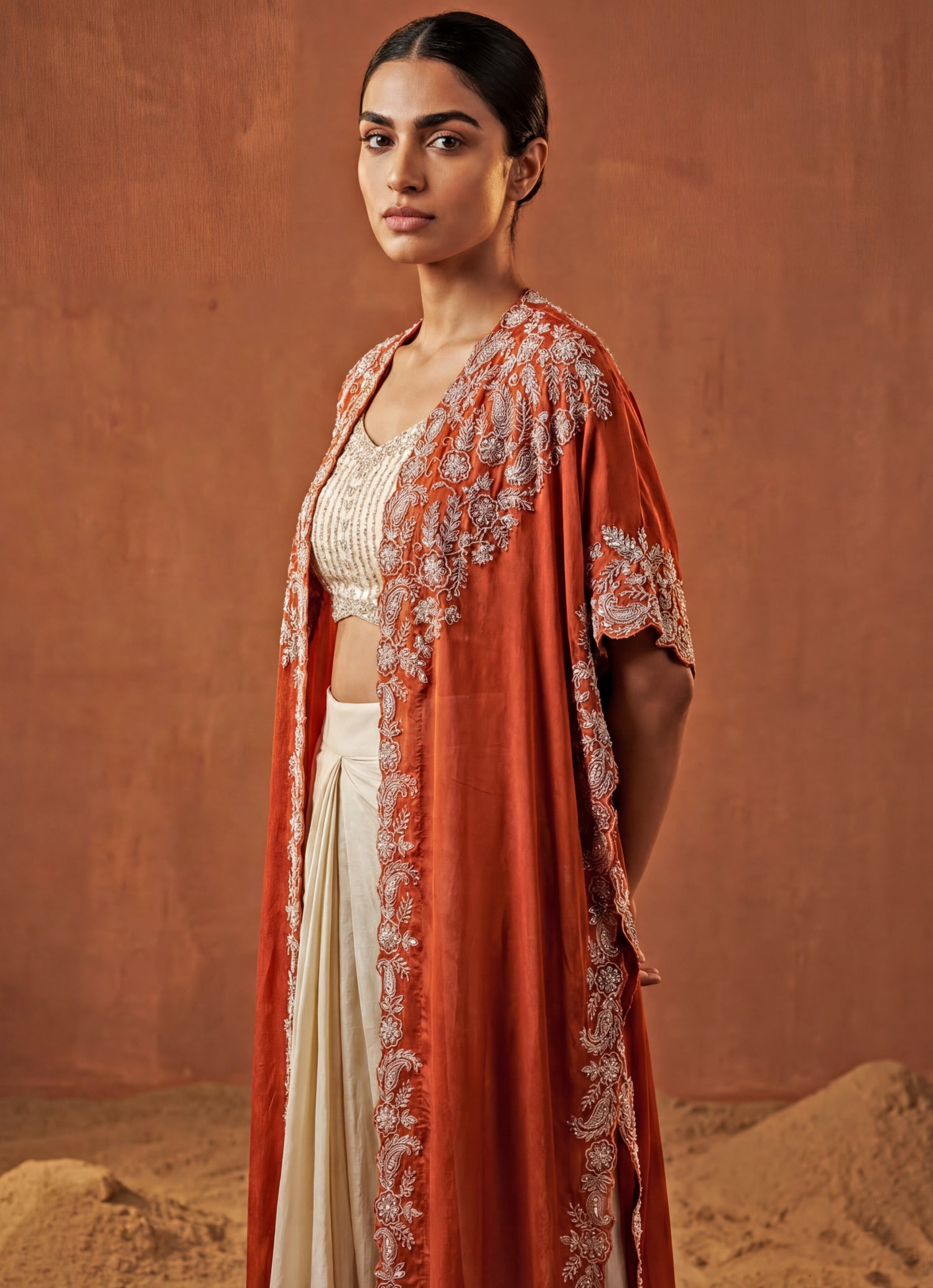 Ivory Chinon Cowl Skirt Set With Orange Cape