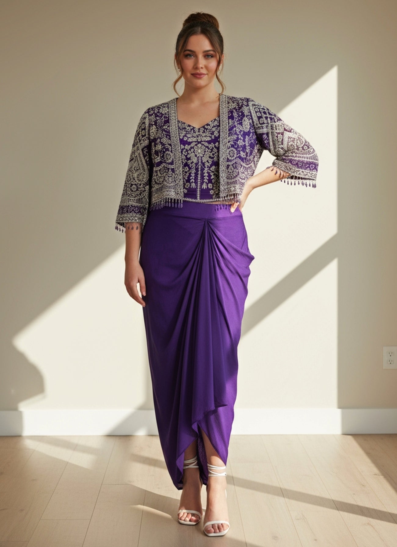 Purple Chinon Drape Skirt Set With Short Jacket